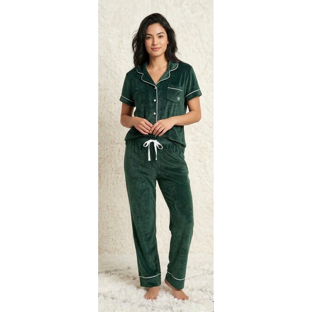 Born‎ Green Velour Pajama Set Short Sleeve Collared Button Accent Womens M New